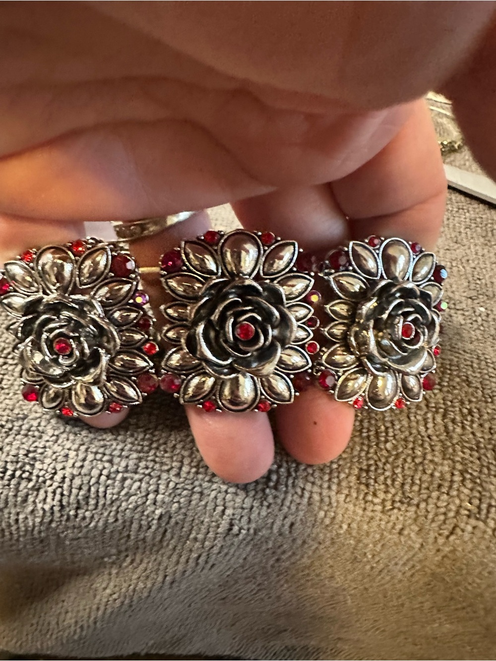 Silver Floral Rose Statement Bracelet with Red Accents